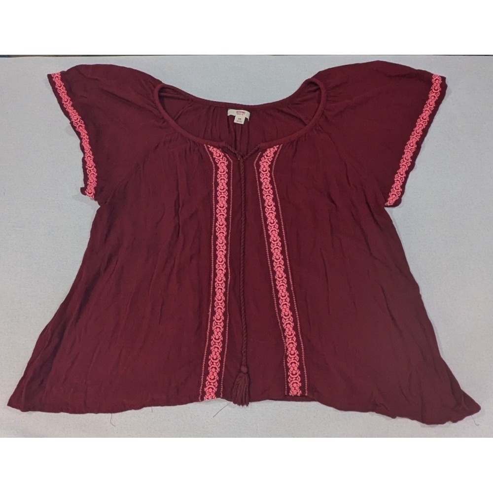 Mossimo Peasant Blouse Womens XXL Burgundy Excellent Embroidered Boho Tassel Top